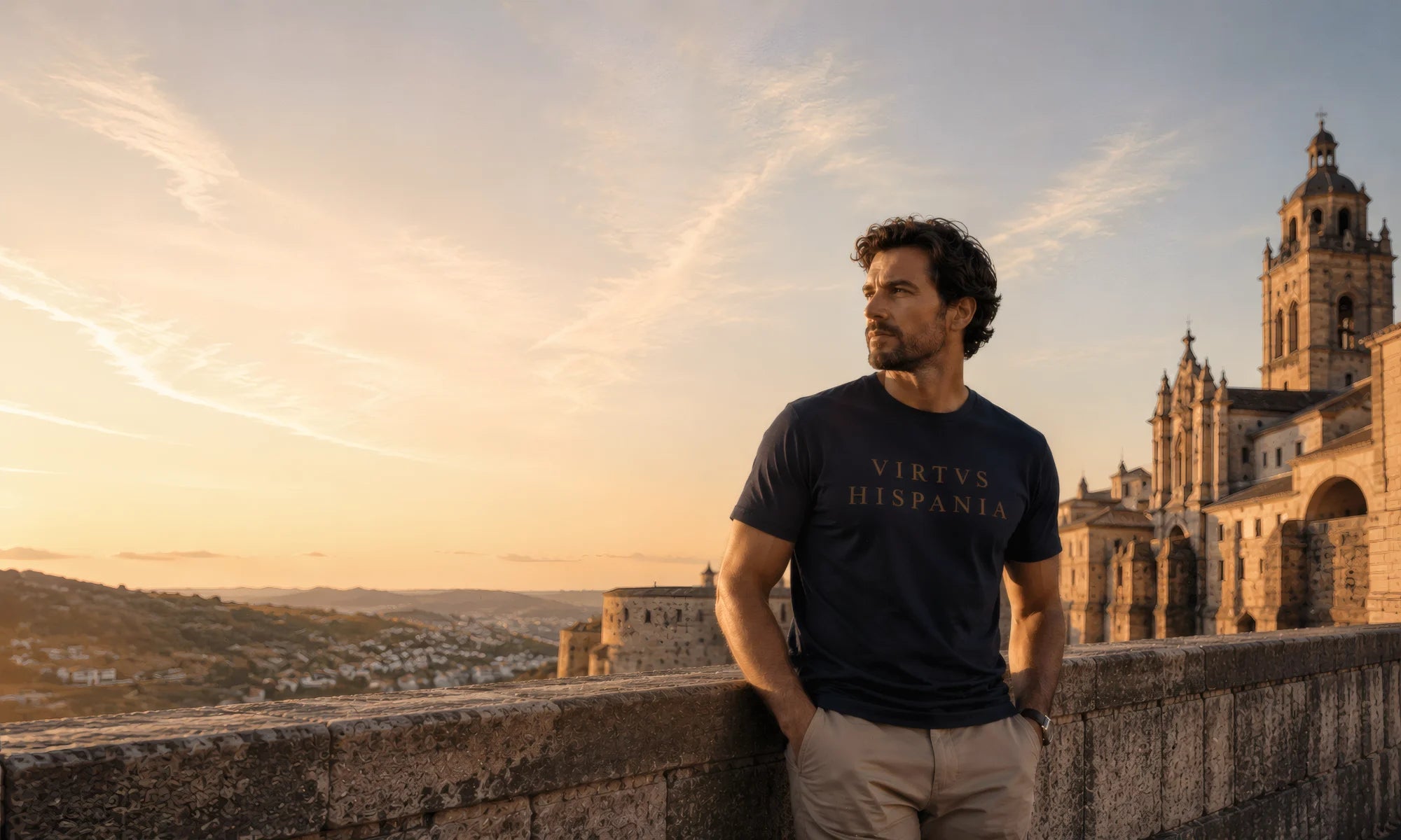 Hombre con camiseta 'Virtus Hispania' en atardecer frente a catedral española, ropa con diseño atemporal y legado español