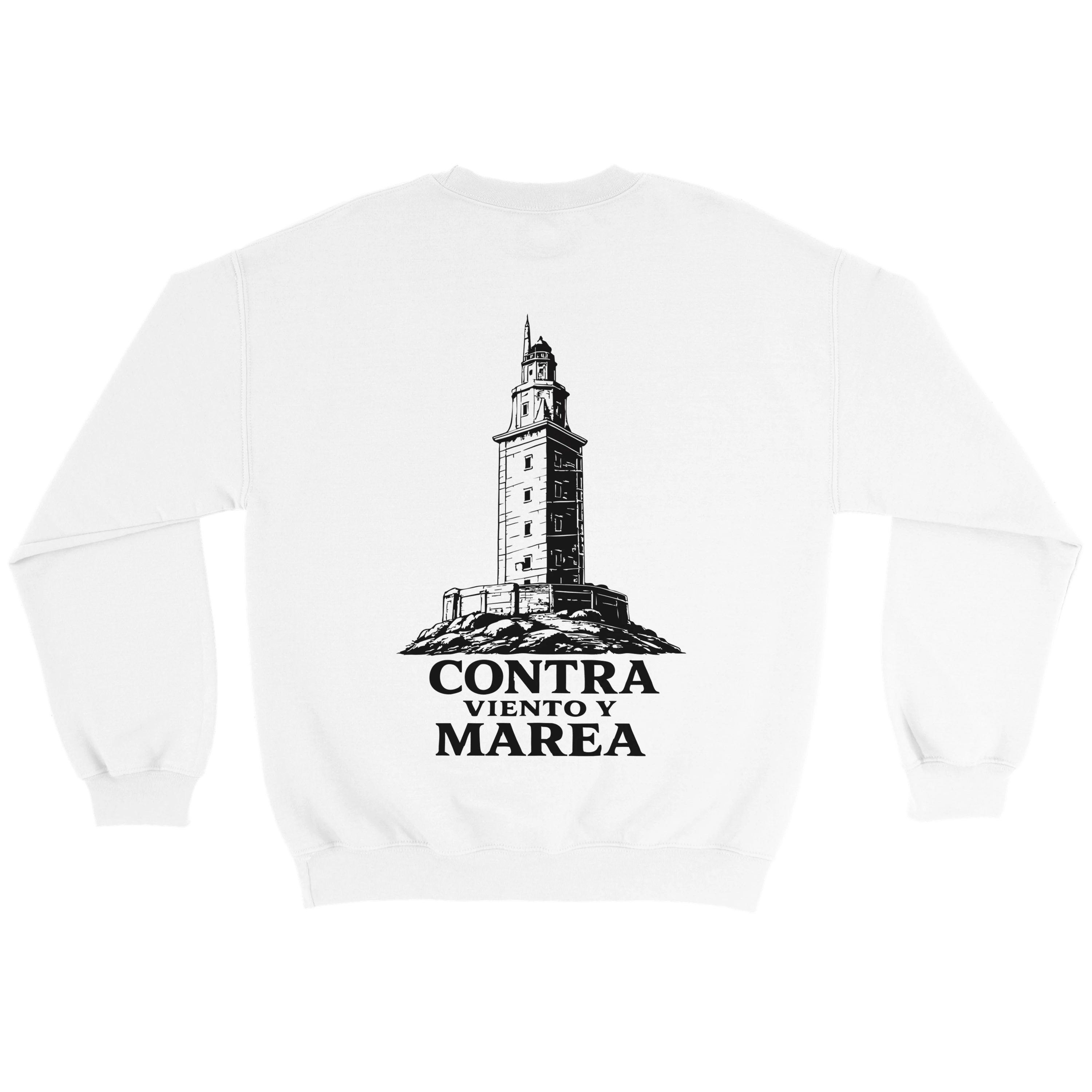 Sudadera blanca con diseño de torre y texto 'CONTRA VIENTO Y MAREA', inspirada en la fortaleza y legado español.
