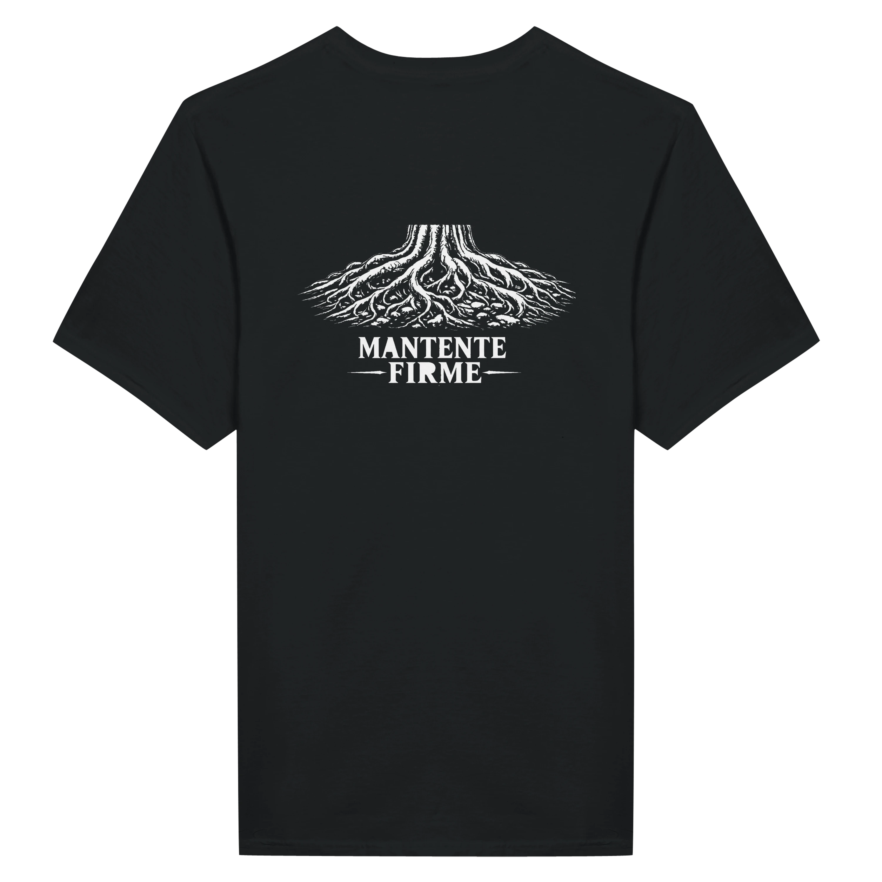Camiseta negra con diseño de raíces y texto 'MANTENTE FIRME', inspirada en fortaleza y legado español.