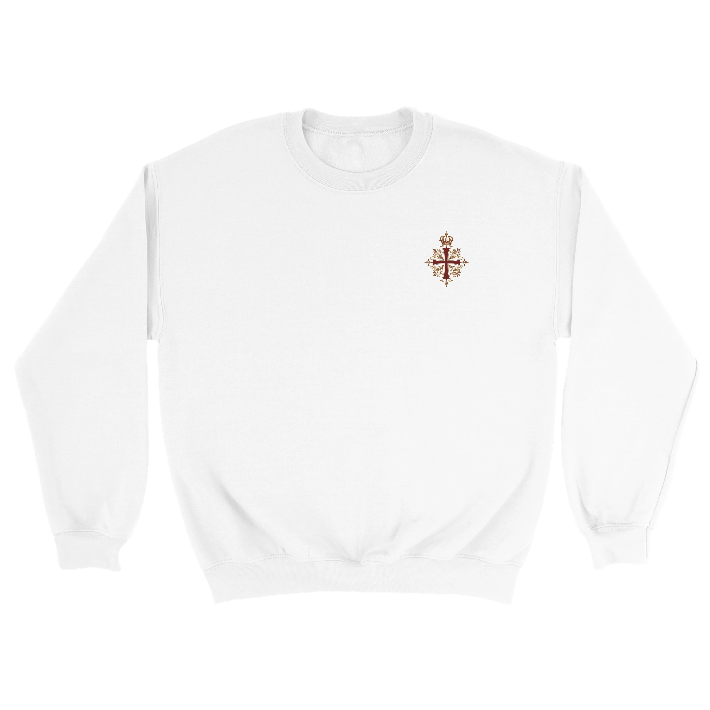 Sudadera blanca con cruz coronada en rojo y dorado, diseño inspirado en el legado español