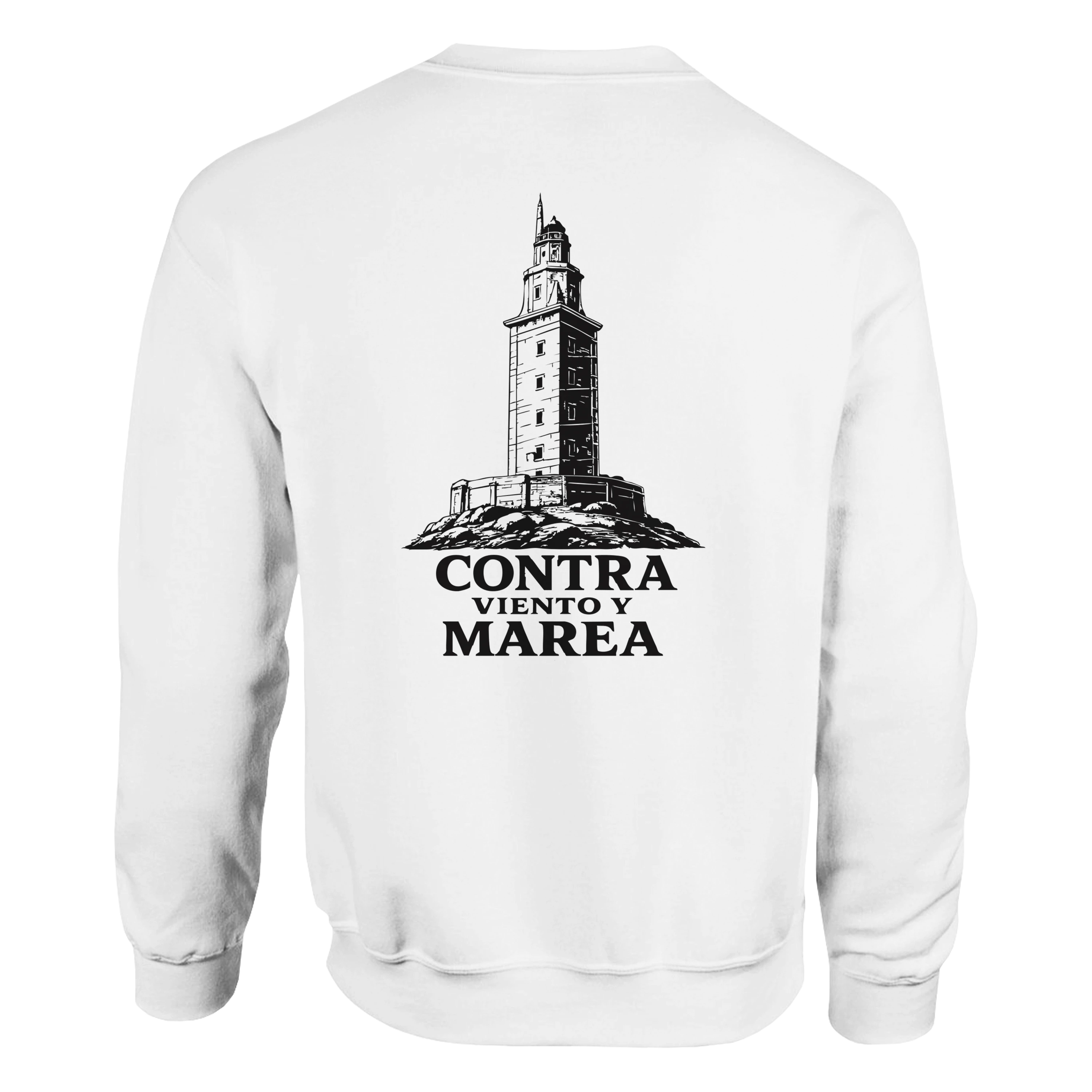 Sudadera blanca con diseño de torre y frase 'Contra viento y marea', inspirada en legado español