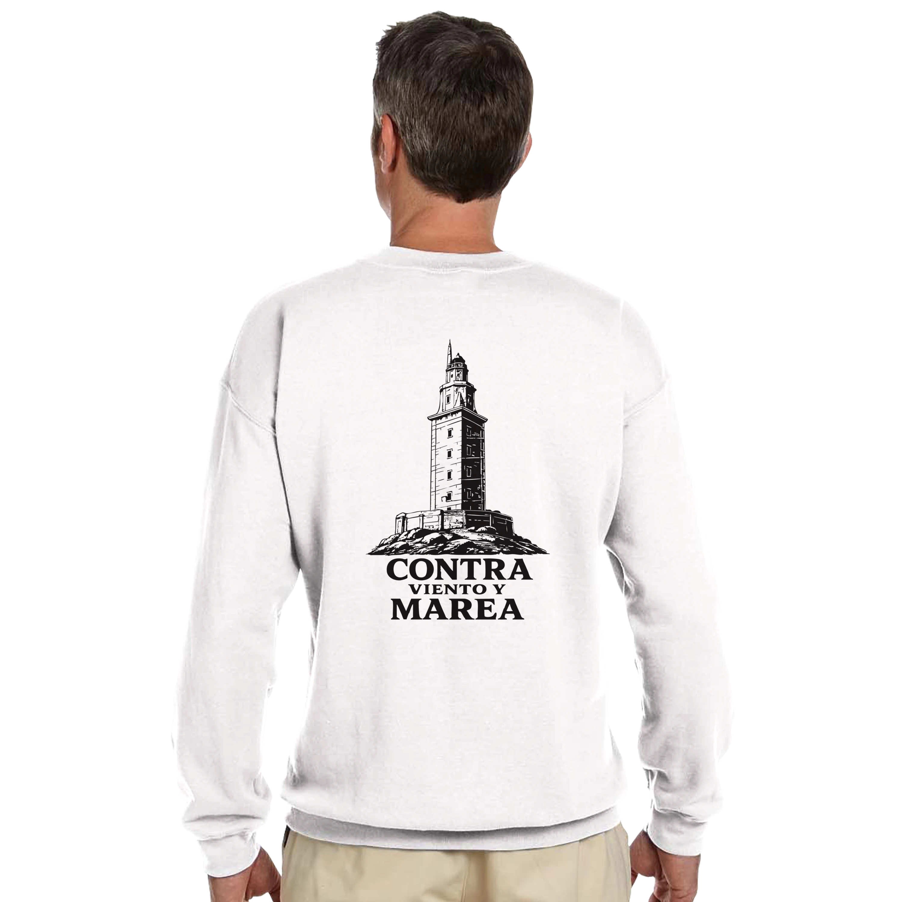 Sudadera blanca con diseño de torre y frase 'Contra Viento y Marea', inspirada en legado español